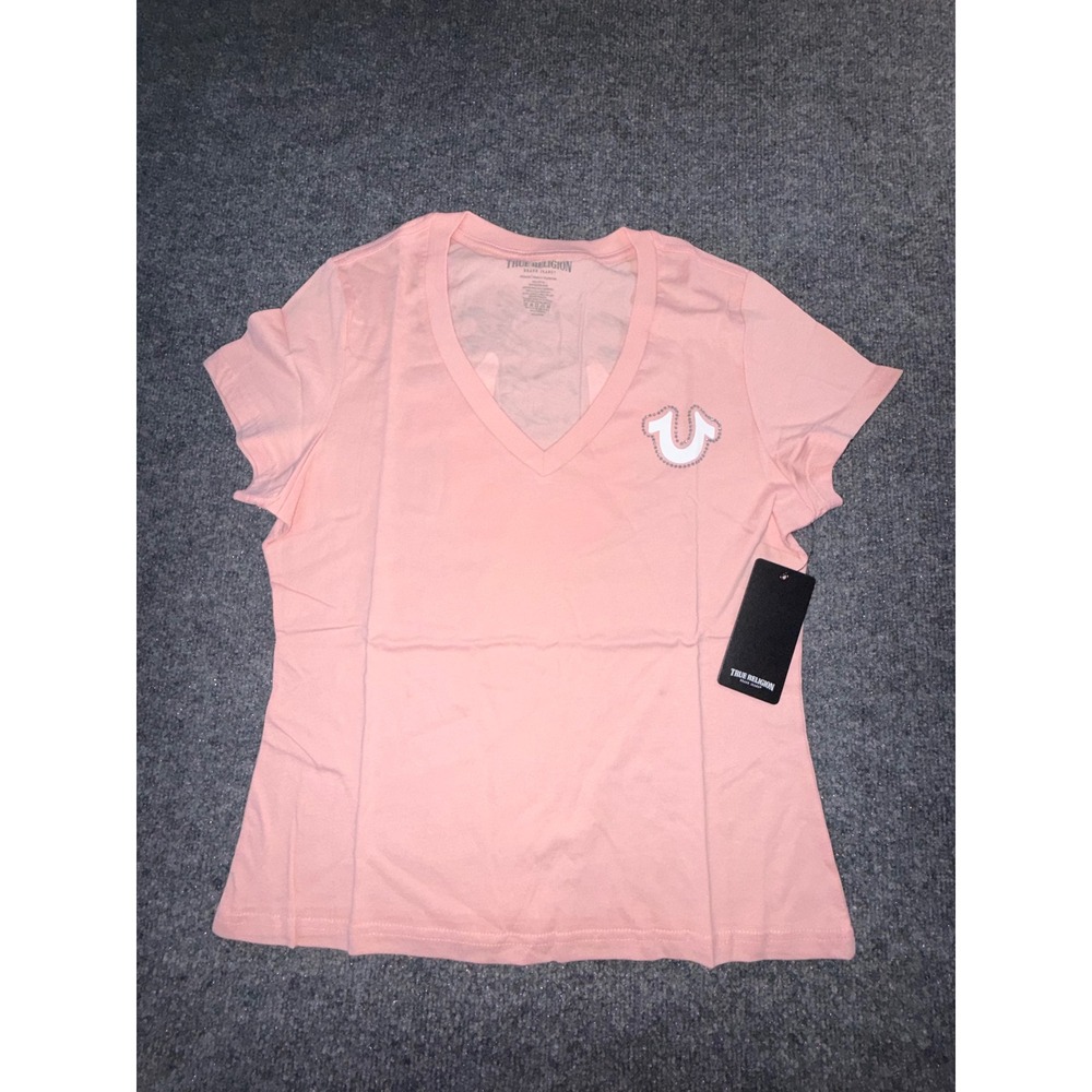 True Religion Womens Pink V-Neck Horseshoe Logo Glitter Graphic T-Shirt Medium